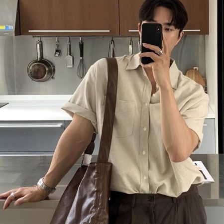 Korean Style Men's Linen Short Sleeve Shirt, Draped Texture, Lightweight & Loose, Luxury Casual Summer Top