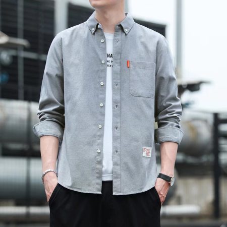 Men's Business Casual Shirt, Slim Fit Retro Solid Color Long Sleeve Top