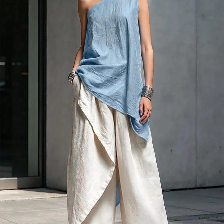 2026 Spring & Summer New Arrival Women's Asymmetric One-shoulder Linen Cotton Top, Loose Casual Versatile T-shirt
