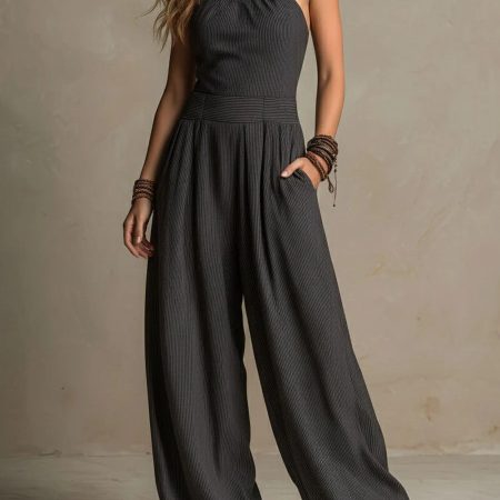 2026 Spring Summer Women's Cross Halter Cutout Jumpsuit, Knit Drape Loose Wide Leg, Sexy Backless Elegant Playsuit