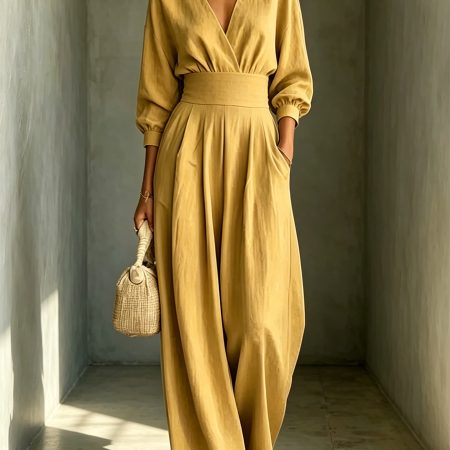 2026 Summer Women's Elegant Waist-Defined V-Neck Long Sleeve Solid Jumpsuit, Slim Fit One-Piece Outfit