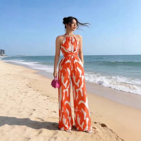 2026 Summer Women's Printed Halter Long Jumpsuit, Sleeveless with Pockets, Sexy Backless One-Piece Outfit