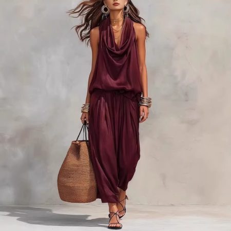 2026 Women's 2-Piece Outfit, Elegant Commuter Draped Ruffle Collar Cami & Casual Pants Set, Fashion Casual Wear