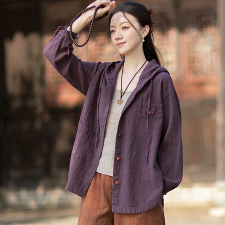 2026 Spring Women's Hooded Color-Block Frog Button Sun Protection Shirt, Loose Casual Washed Cotton Linen Jacket