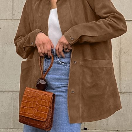 2026 Fall Women's Maillard Brown Faux Suede Coat, Loose Designer Lapel Overcoat, Vintage Elegant Outerwear